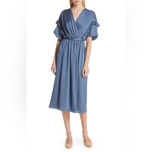 KATE SPADE Satin Midi Dress Ruffle Trim short sleeve Antique Blue
